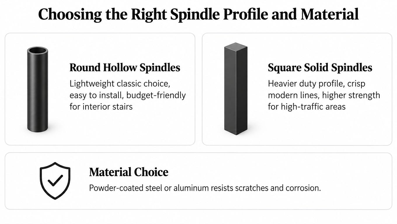 A guide comparing round hollow and square solid black metal staircase spindles with material durability information.