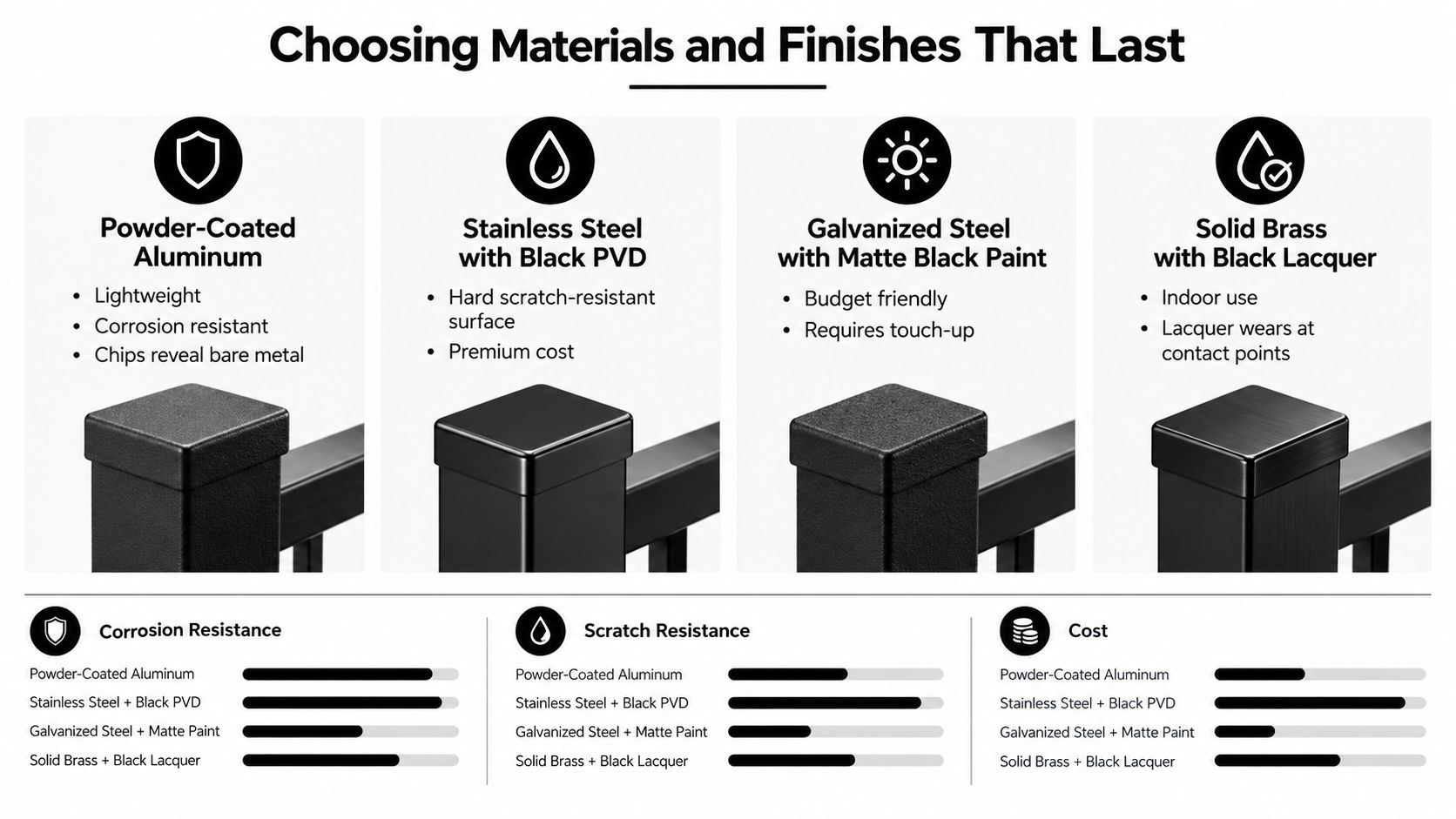 A comparison chart showing materials and finishes for black handrail end caps, including durability and cost.