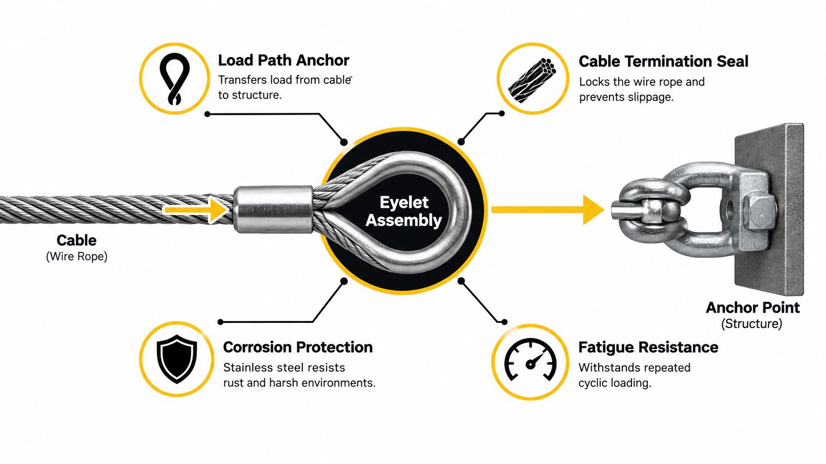 A detailed technical diagram showing the components and key functional features of a stainless steel cable eyelet assembly.