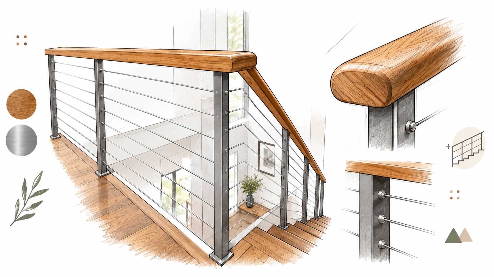 A detailed architectural sketch of a modern staircase railing featuring a wooden handrail and metal cable infill.
