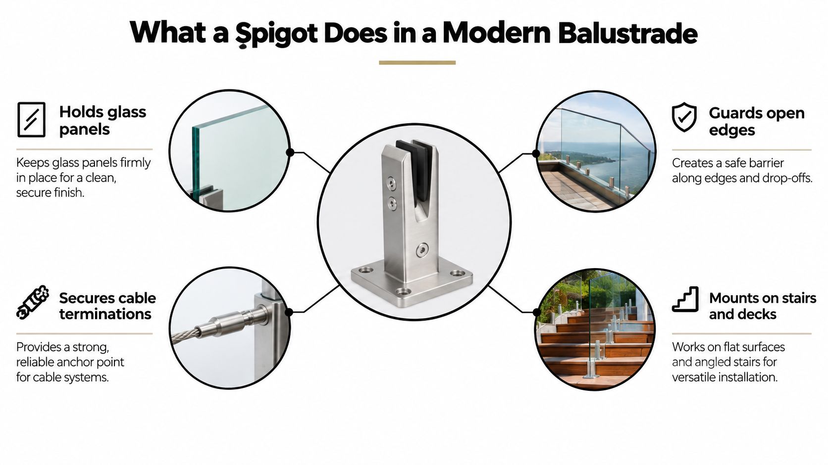 A diagram explaining the functions of stainless steel spigots in modern glass panel and cable balustrade systems.