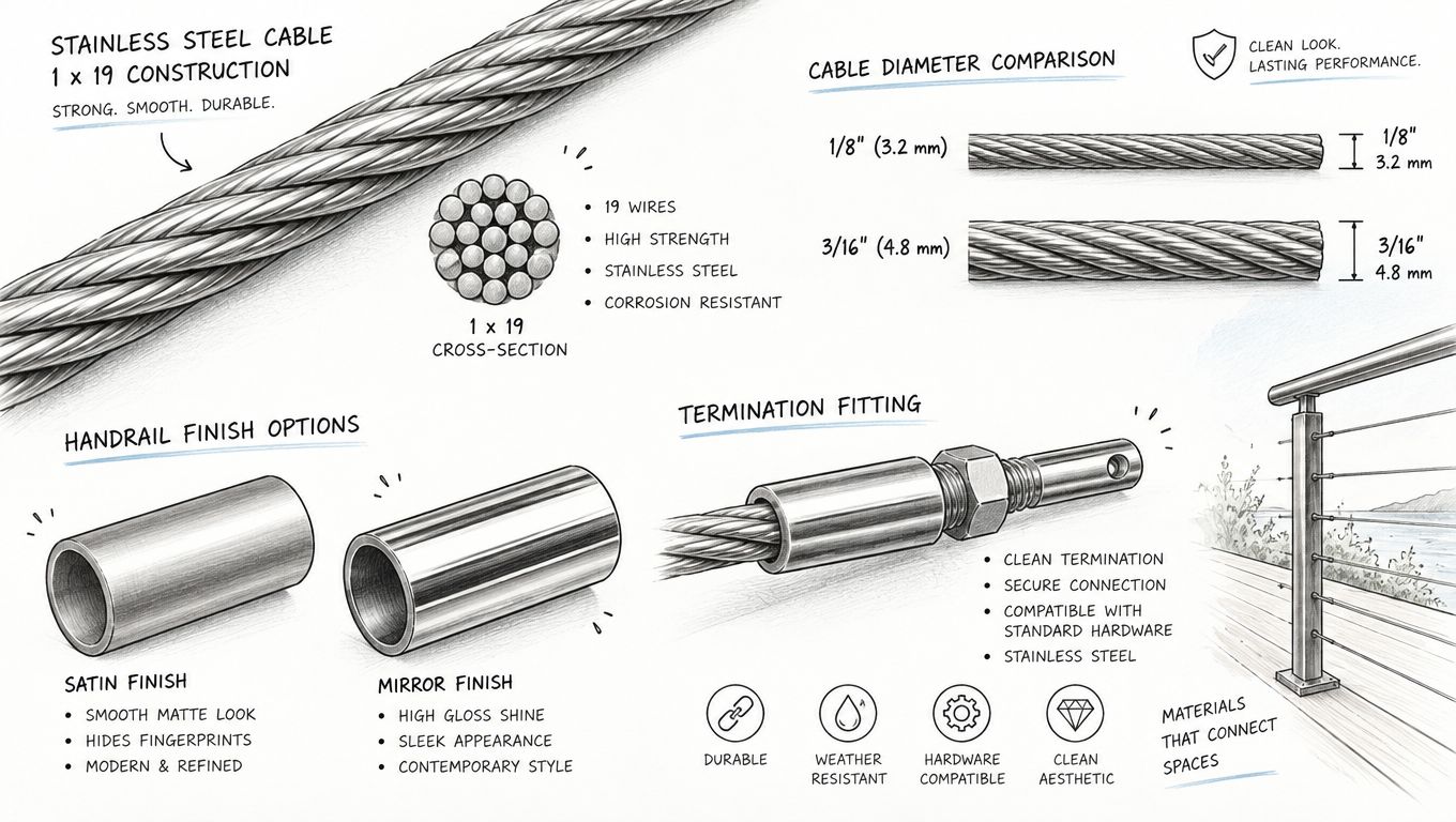 An infographic detailing the features of stainless steel cable railing for modern architectural designs.