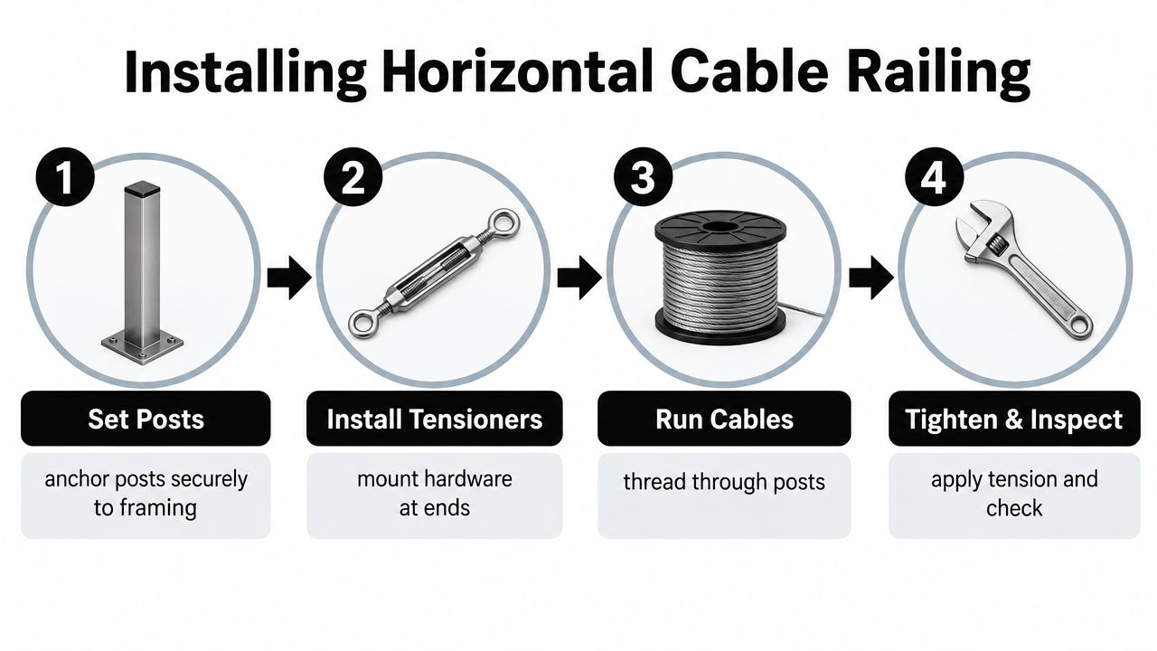 A four-step infographic showing the process for installing horizontal cable railing systems for decks and balconies.