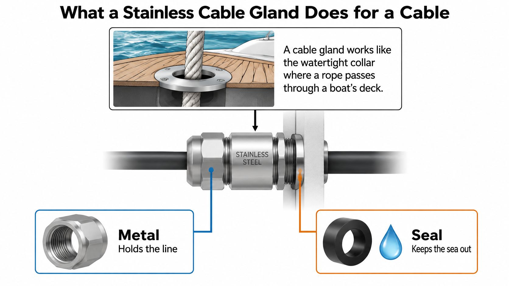 A diagram illustrating how a stainless steel cable gland functions as a watertight seal for electrical cables.