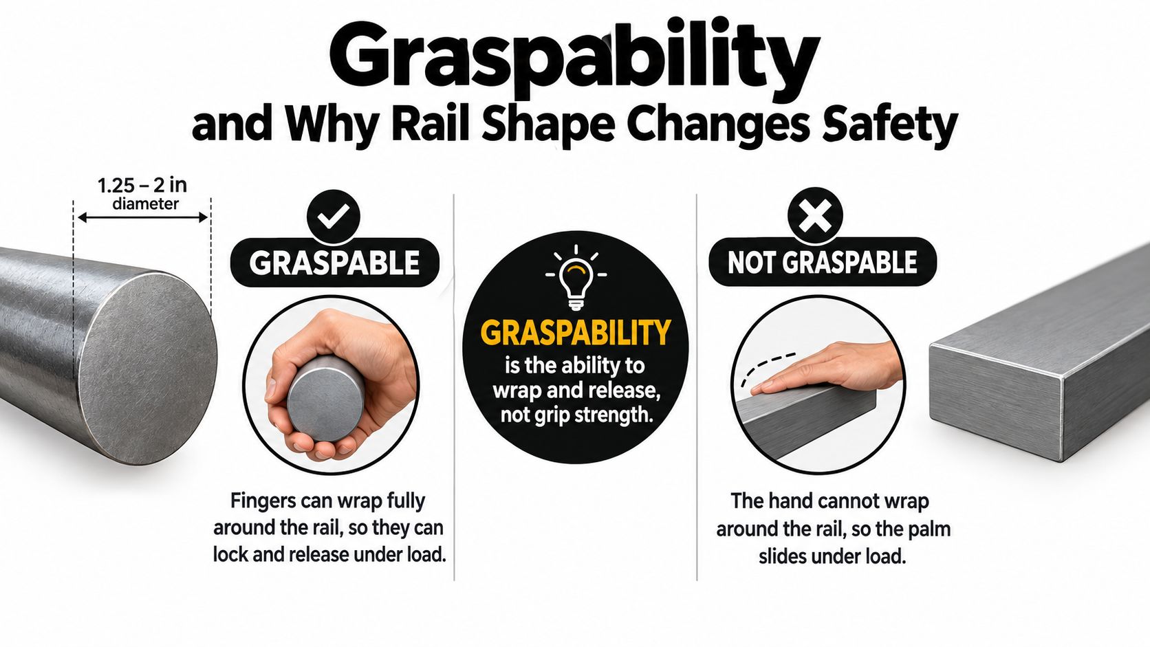 A diagram comparing graspable circular railings and non-graspable square railings to explain handrail safety requirements.