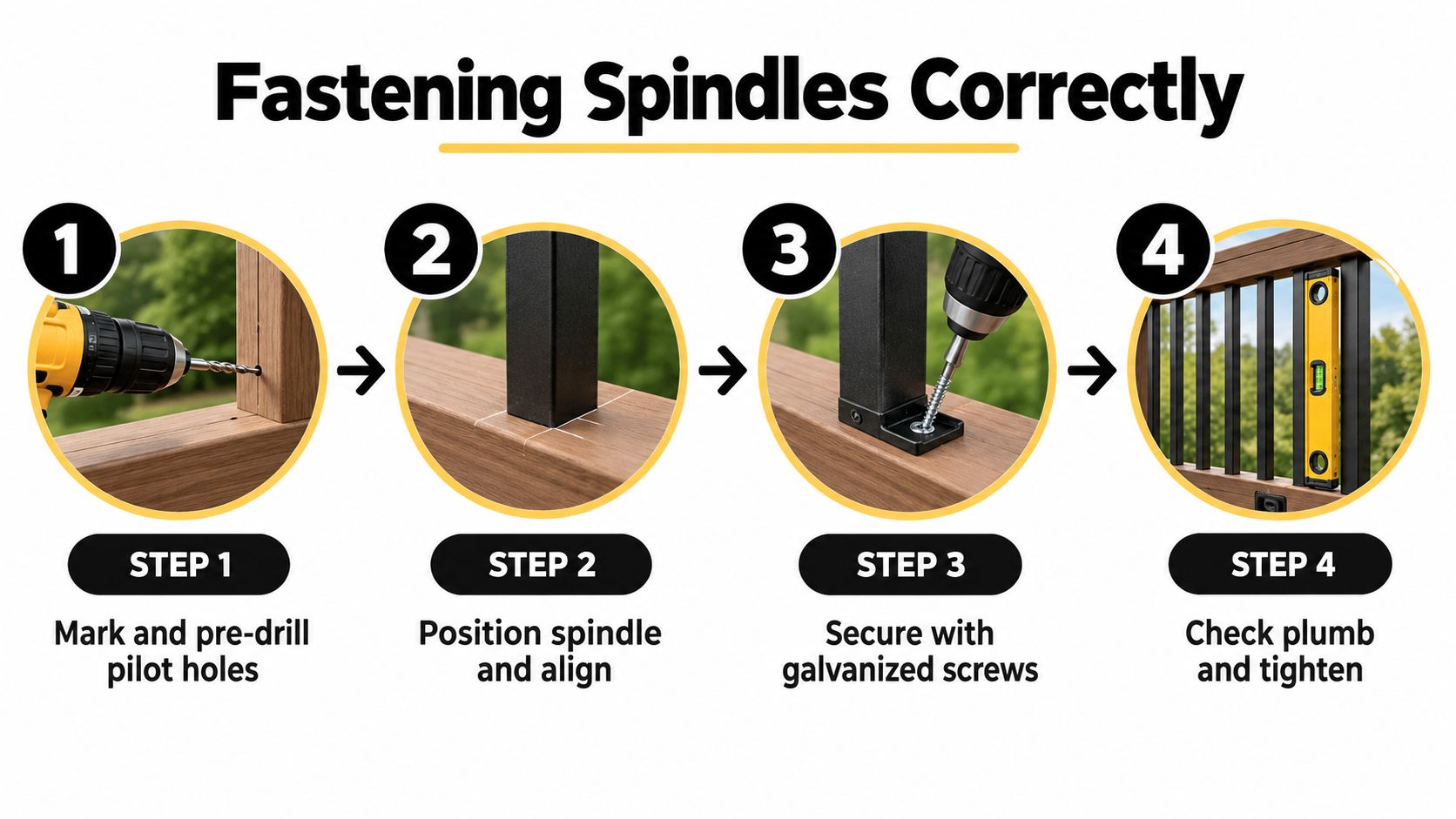 A four-step instructional graphic demonstrating how to properly fasten metal spindles for a deck railing system.