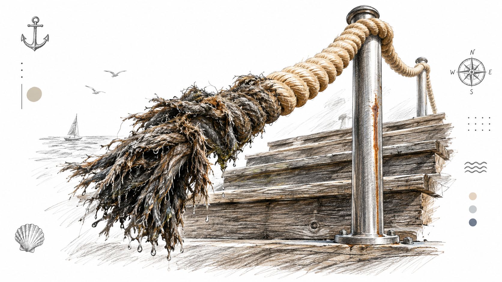 A detailed illustration of a weathered, wet rope railing extending over rustic wooden steps near the ocean.