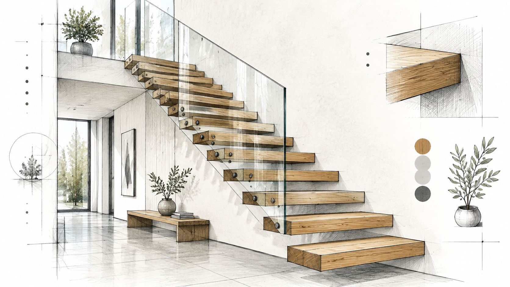 A modern architectural sketch of a floating wooden staircase with a glass railing in a bright interior.