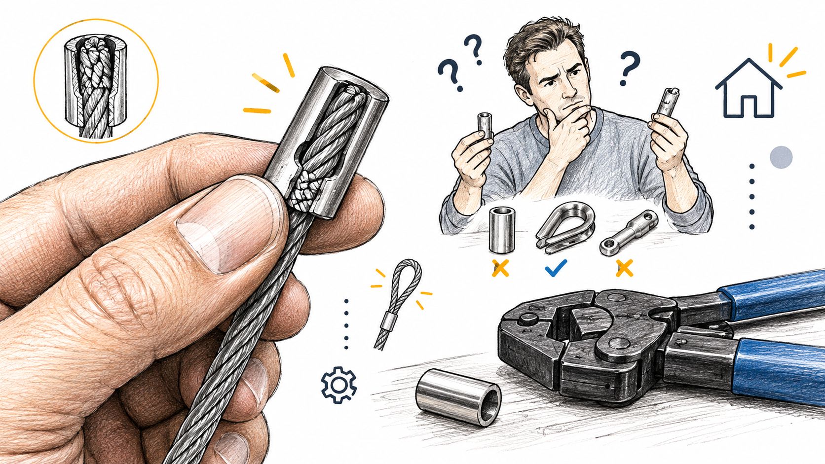 A hand holding a steel cable inside a metal crimp, with a person choosing between hardware options.