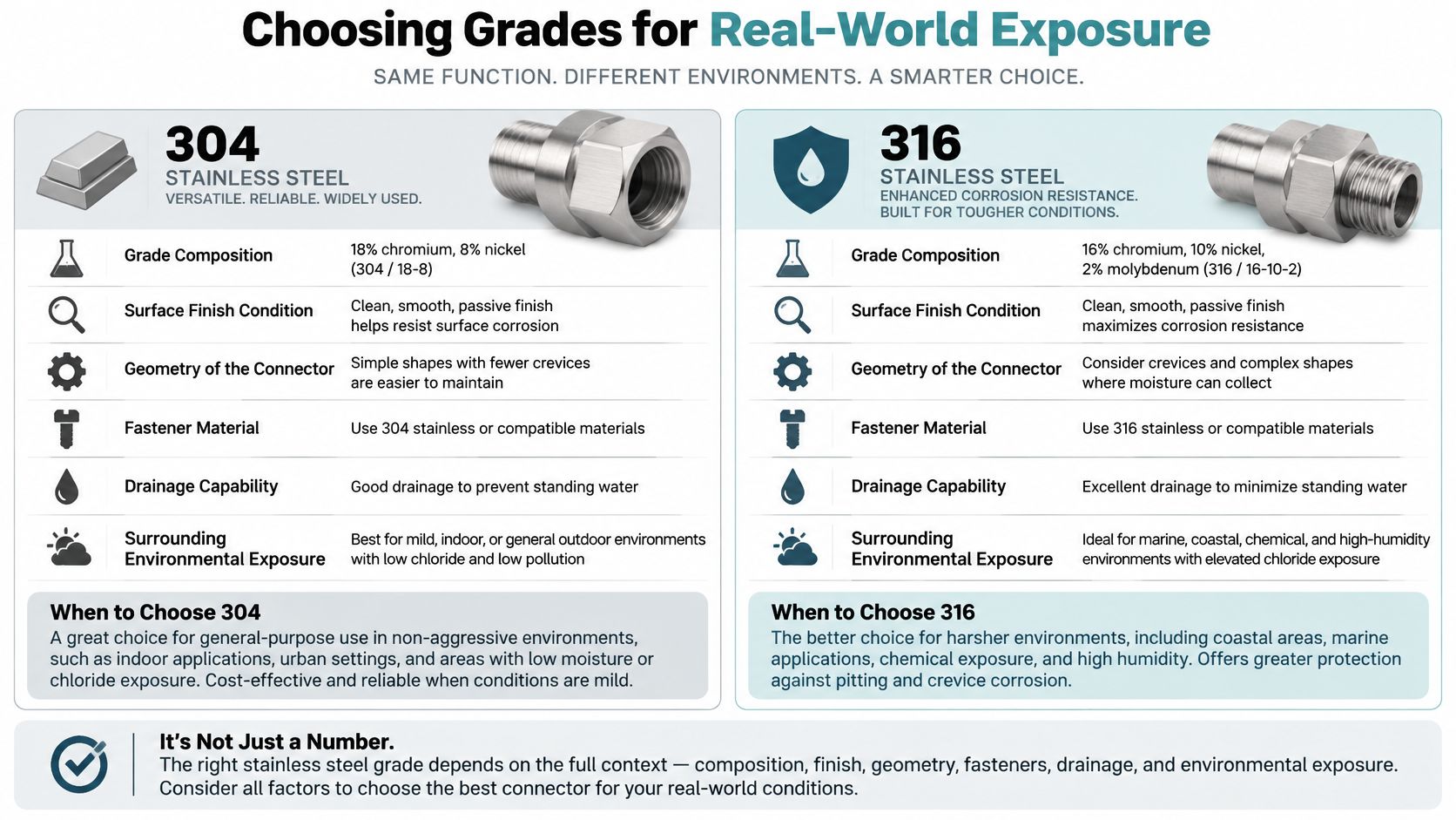 A comparison chart highlighting the differences between 304 and 316 stainless steel for industrial connector applications.