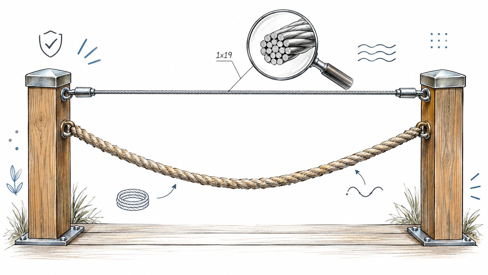 A diagram comparing a straight 1x19 stainless steel cable with a sagging, thick rope between wooden posts.