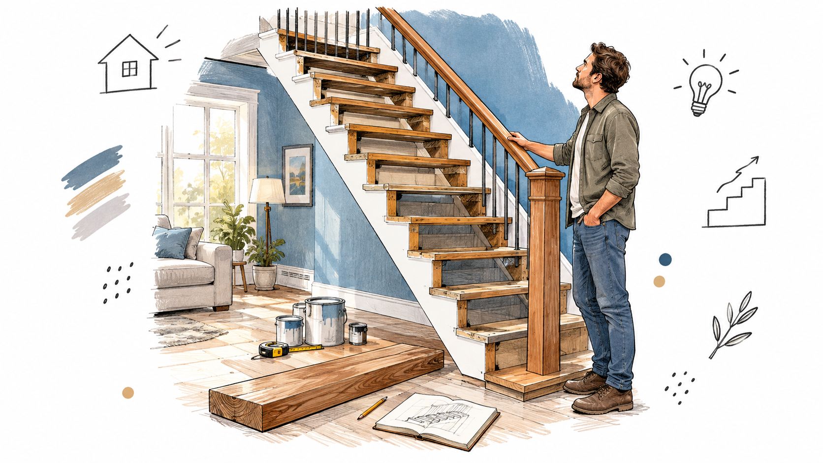 A man stands in a room looking at unfinished wooden stairs while planning a home renovation project.