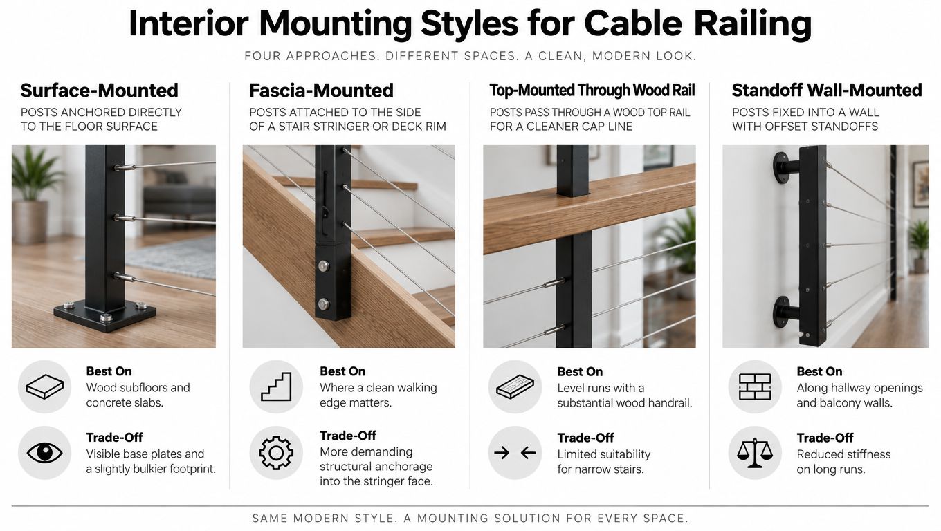 An infographic showing four interior mounting styles for stainless steel cable railing systems in modern homes.