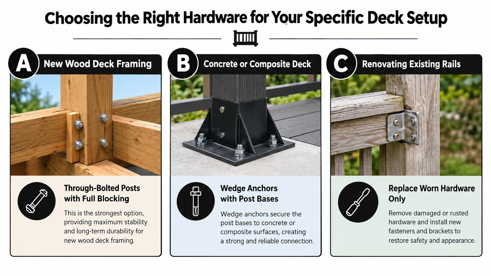 A graphic guide illustrating three different hardware installation methods for various deck railing setups and materials.