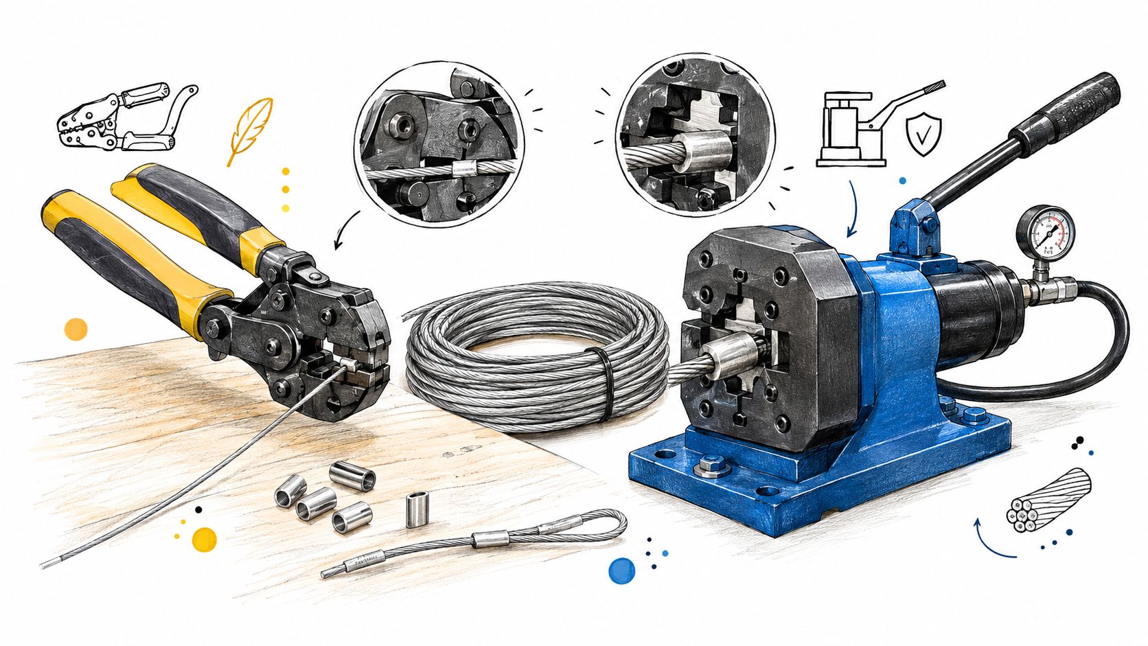 A hand-held crimping tool and a hydraulic crimping machine used for securing stainless steel wire rope sleeves.