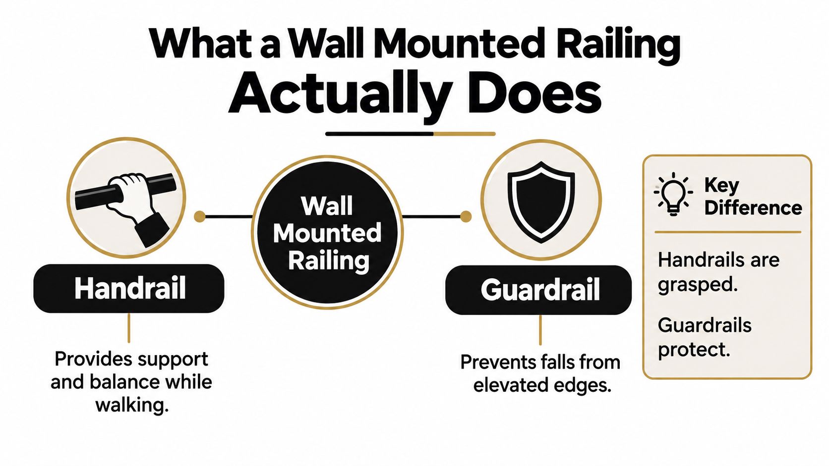 An infographic comparing the functions of a handrail versus a guardrail for safety and balance purposes.