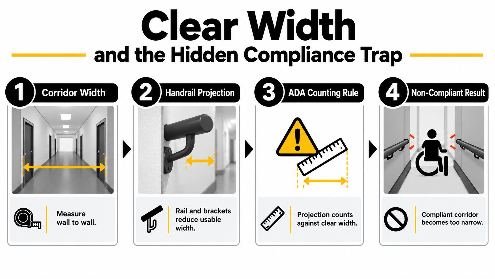 A four-step infographic explaining how handrail projections reduce hallway clear width, leading to potential ADA non-compliance issues.