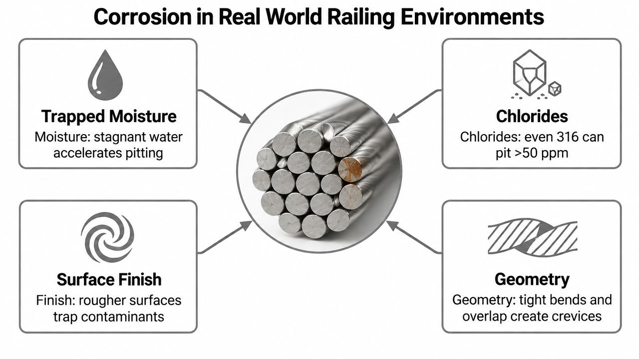 A diagram illustrating four environmental factors that cause corrosion in stainless steel railing systems.