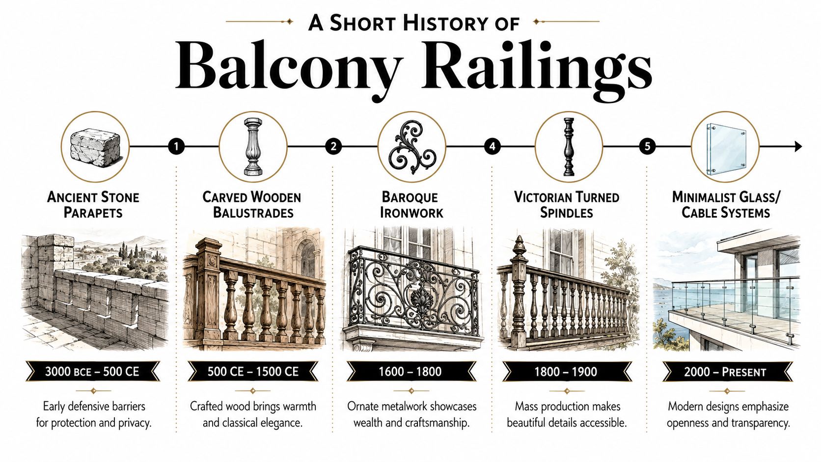 An infographic timeline showing the history of balcony railings from ancient stone parapets to modern glass systems.