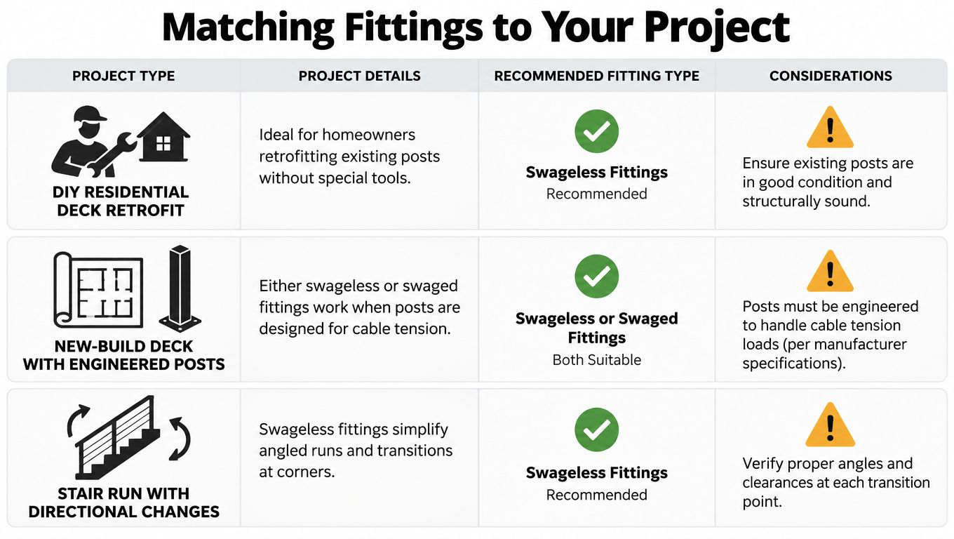 A chart comparing recommended cable railing hardware types based on various deck project requirements and considerations.
