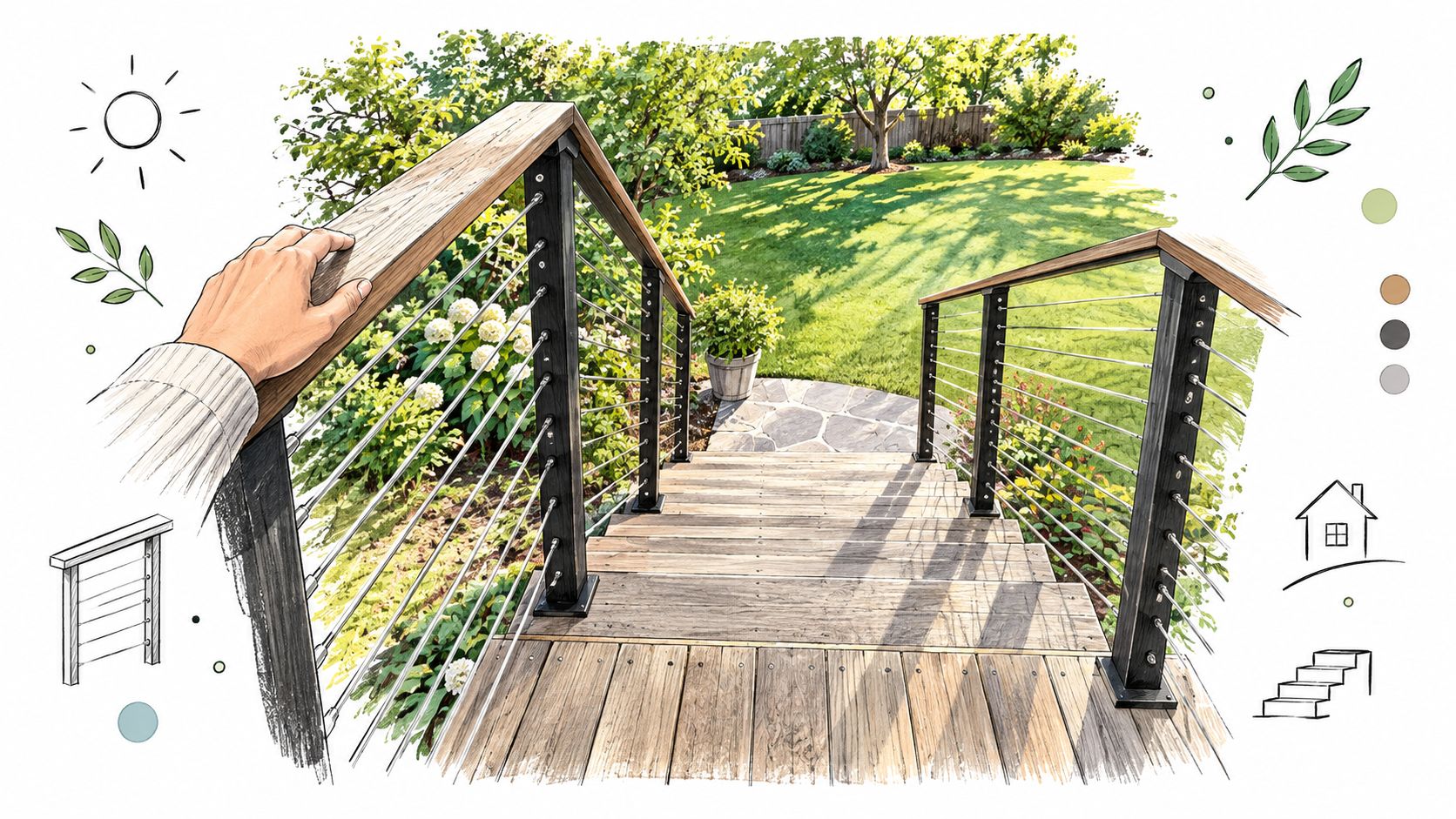 A hand rests on a sleek, modern wooden railing overlooking a lush backyard with stone garden stairs.