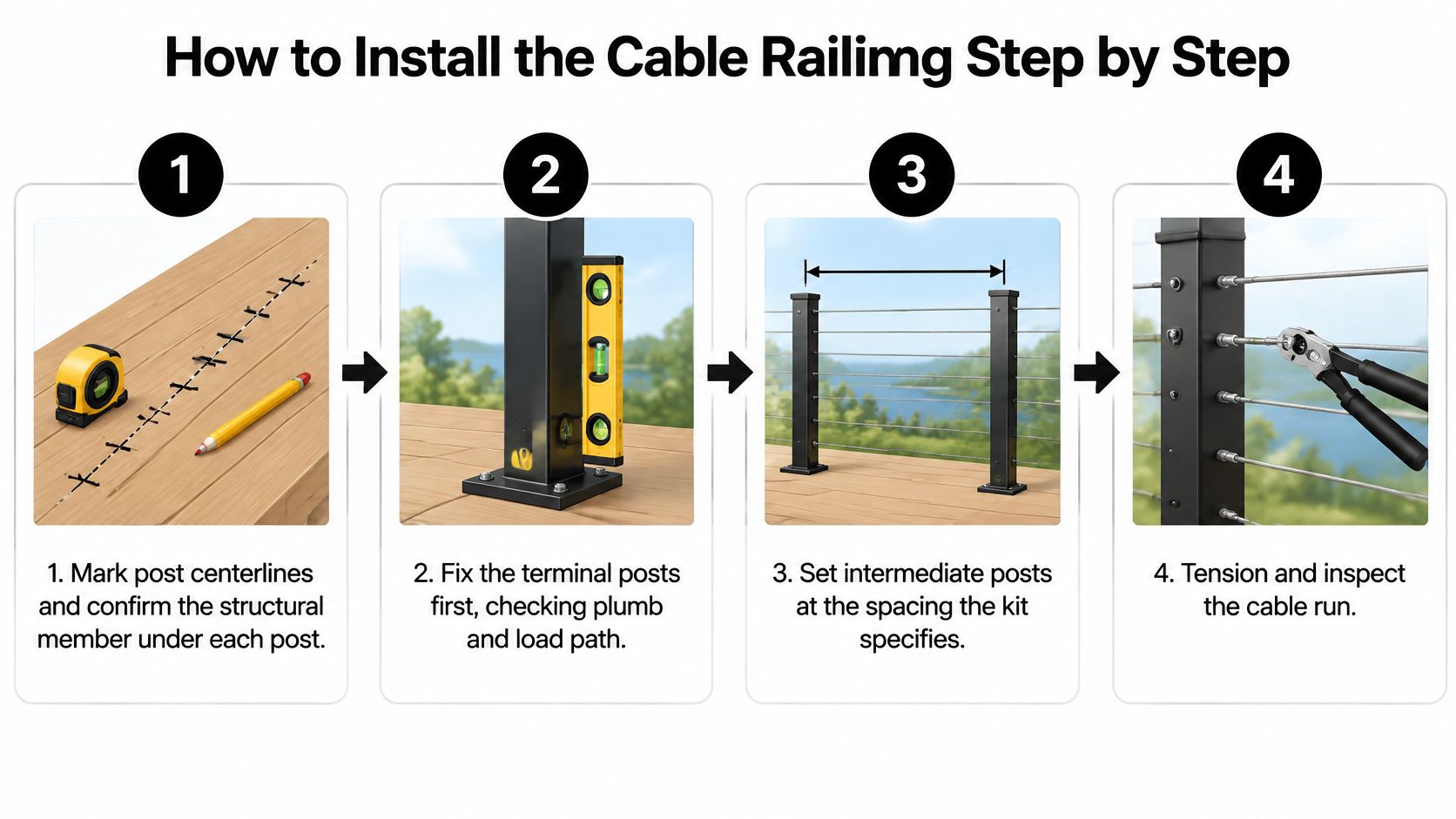 A step-by-step instructional graphic showing how to install a cable railing system on a wooden deck.