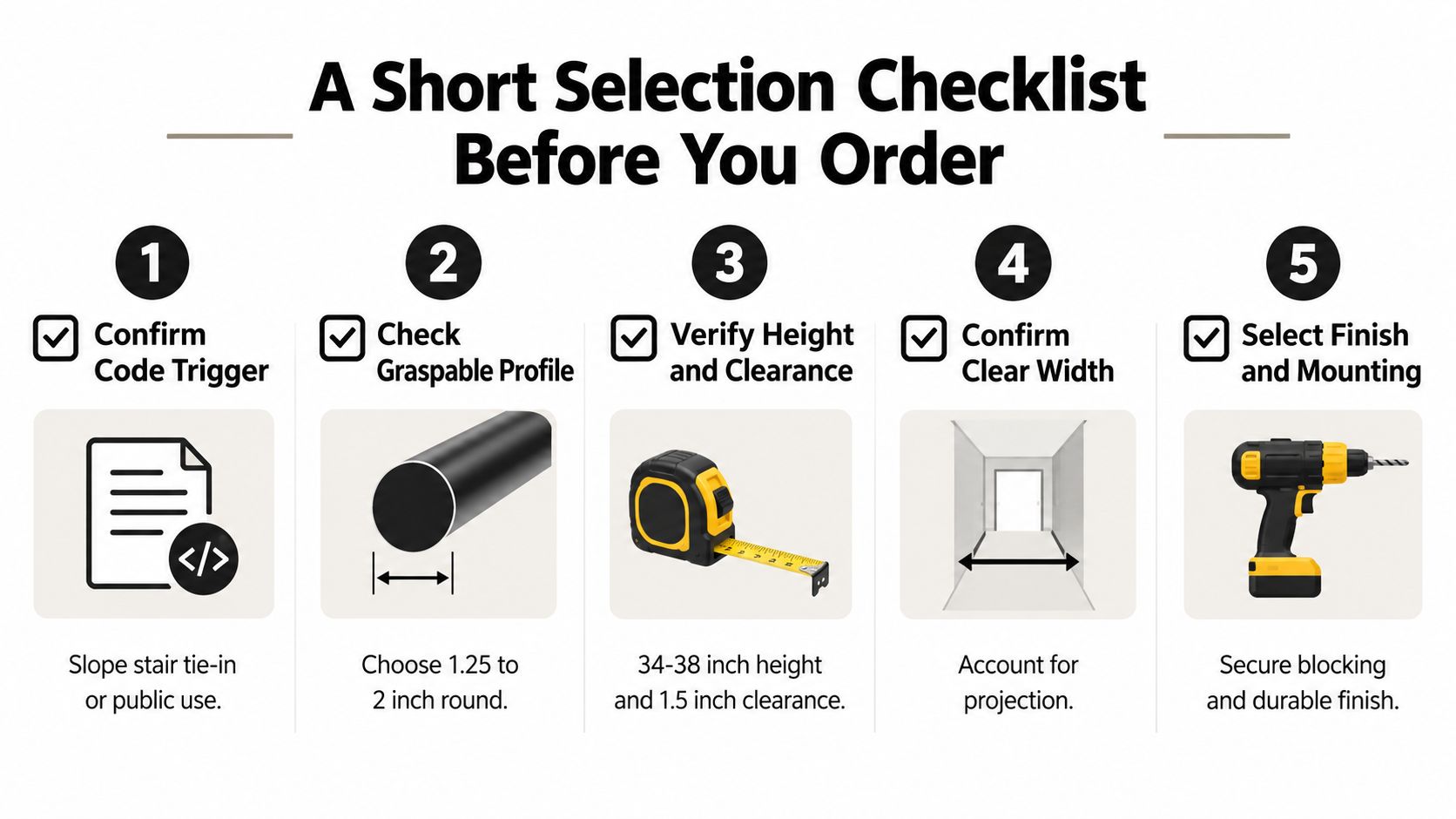 A five-step instructional checklist for ordering handrails for hallways, covering code, profile, dimensions, and installation.