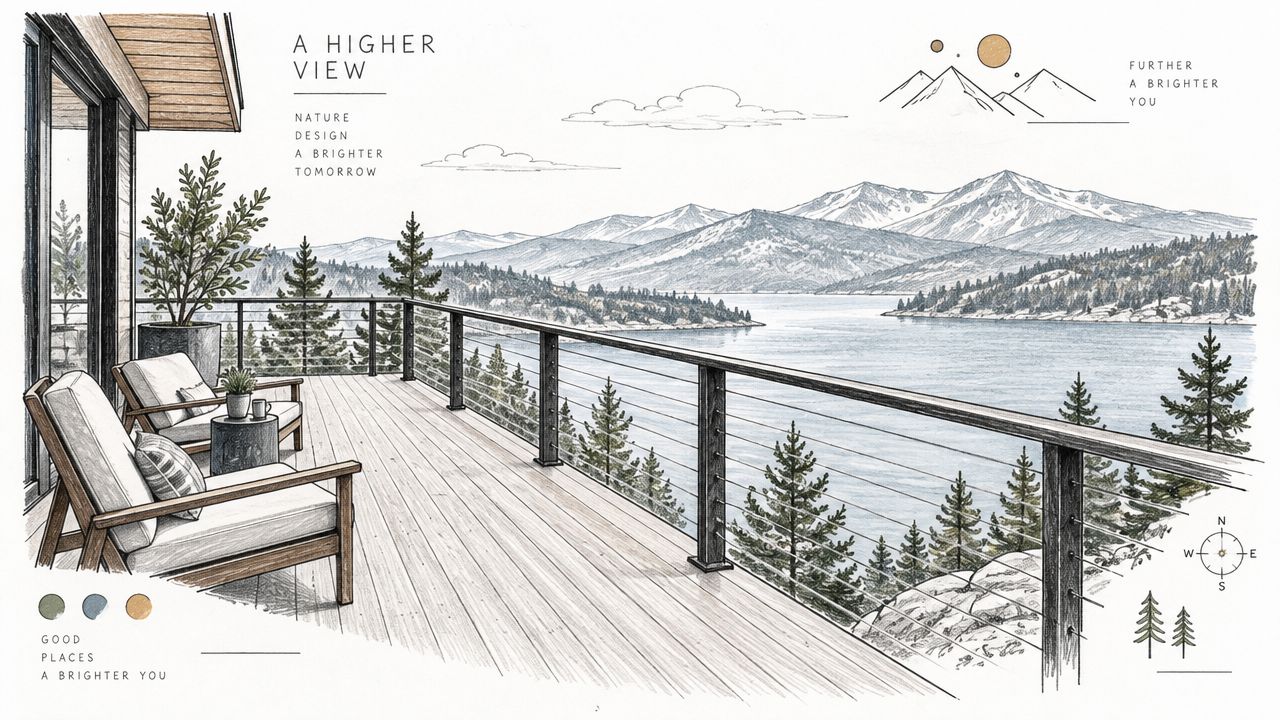 A sophisticated outdoor deck featuring modern horizontal cable railing systems overlooking a serene mountain lake view.