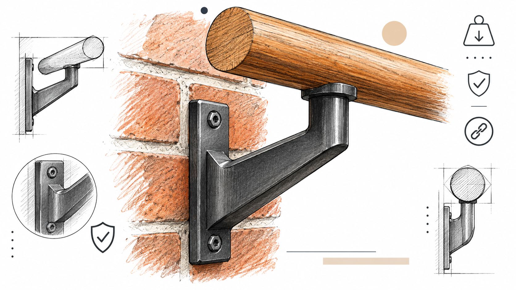 A detailed technical drawing and illustration of a sturdy metal handrail wall bracket mounted on bricks.