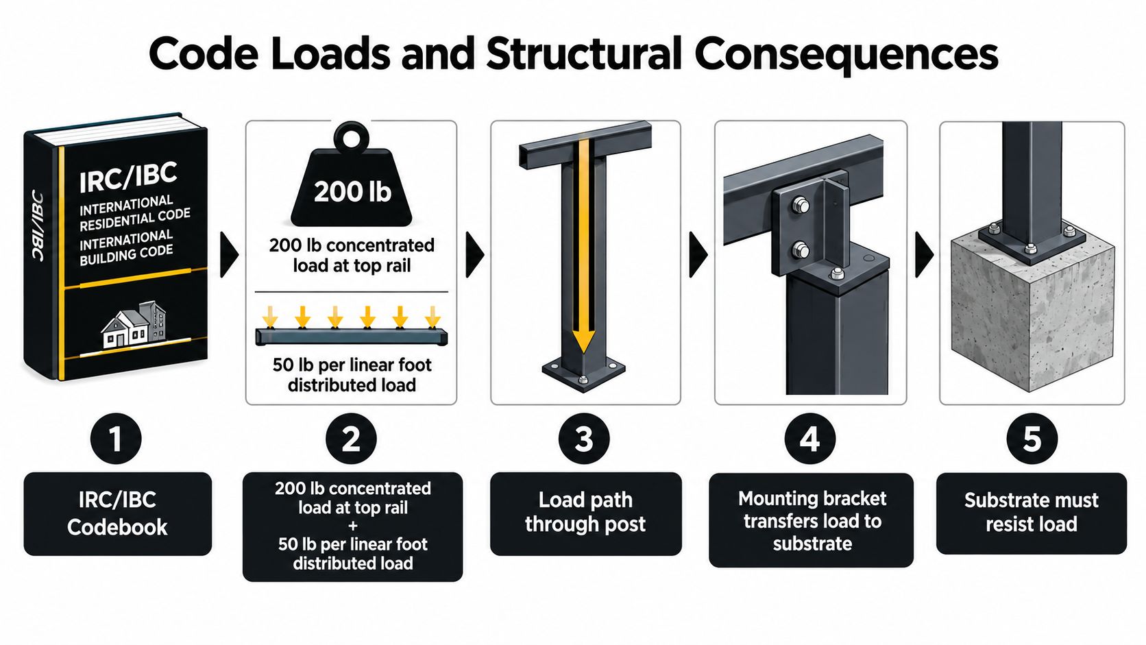 A diagram illustrating structural load requirements for handrail posts according to IRC and IBC building codes.