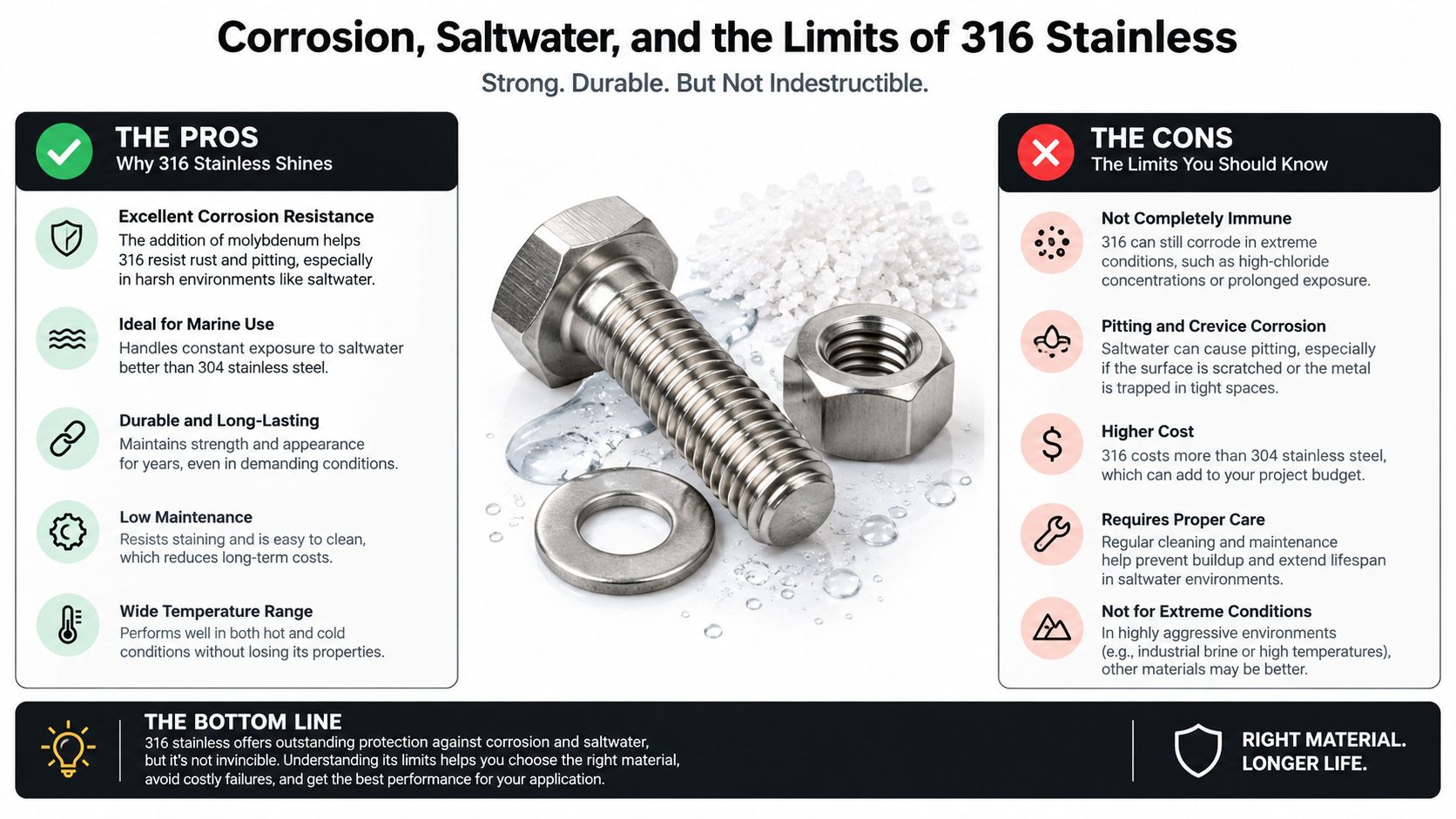 An infographic detailing the pros and cons of using 316 stainless steel hardware in saltwater environments.