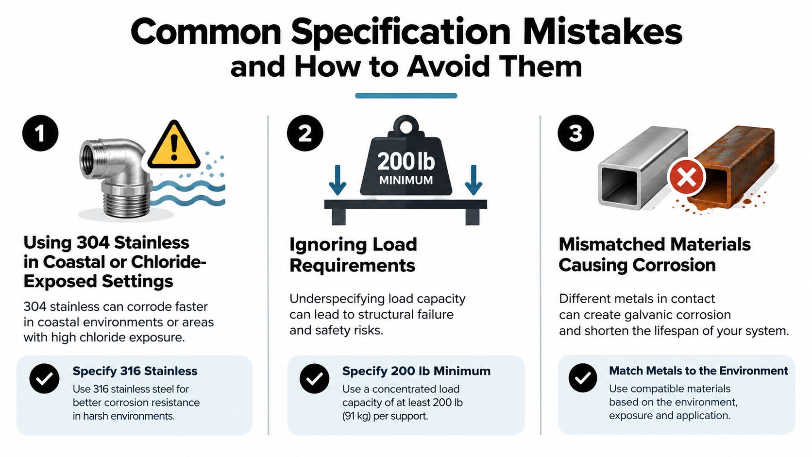 An infographic titled Common Specification Mistakes showing three tips for construction and hardware material planning.