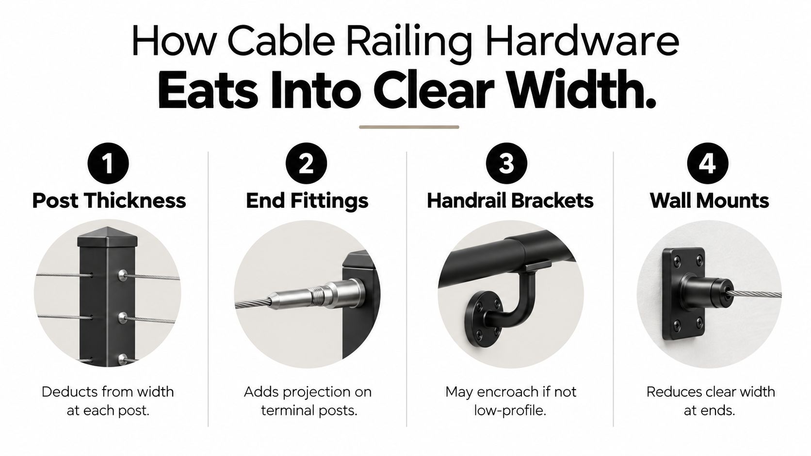 A diagram illustrating how various cable railing hardware components reduce the clear width of stairways.