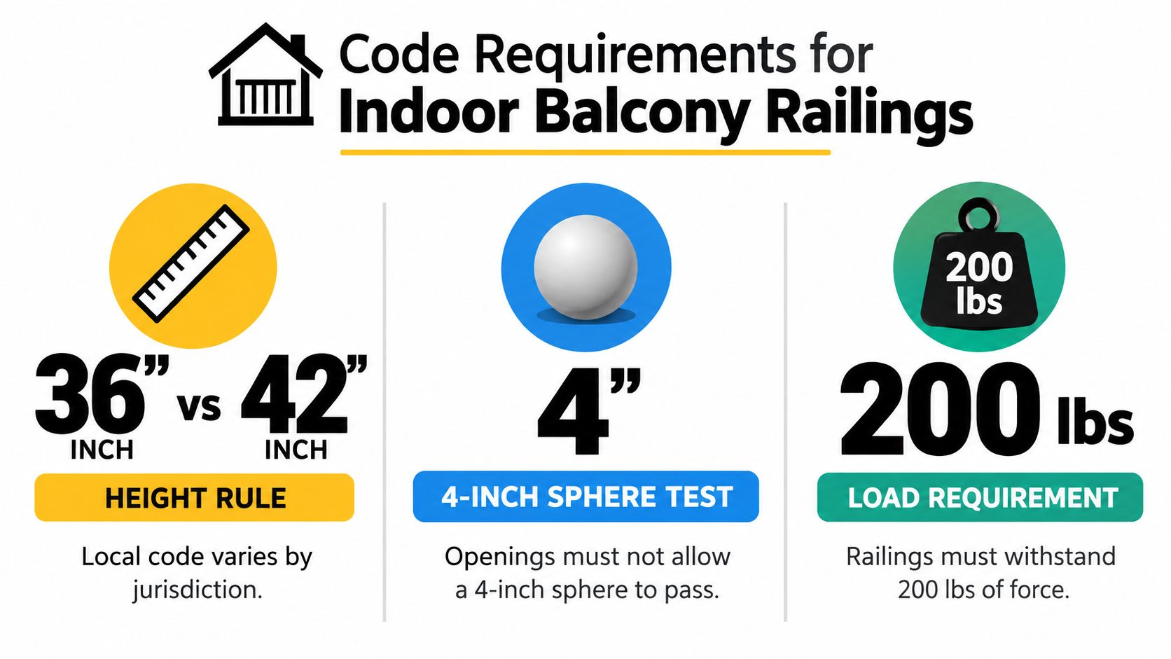 An infographic showing code requirements for indoor balcony railings, including height, sphere test, and load capacity.