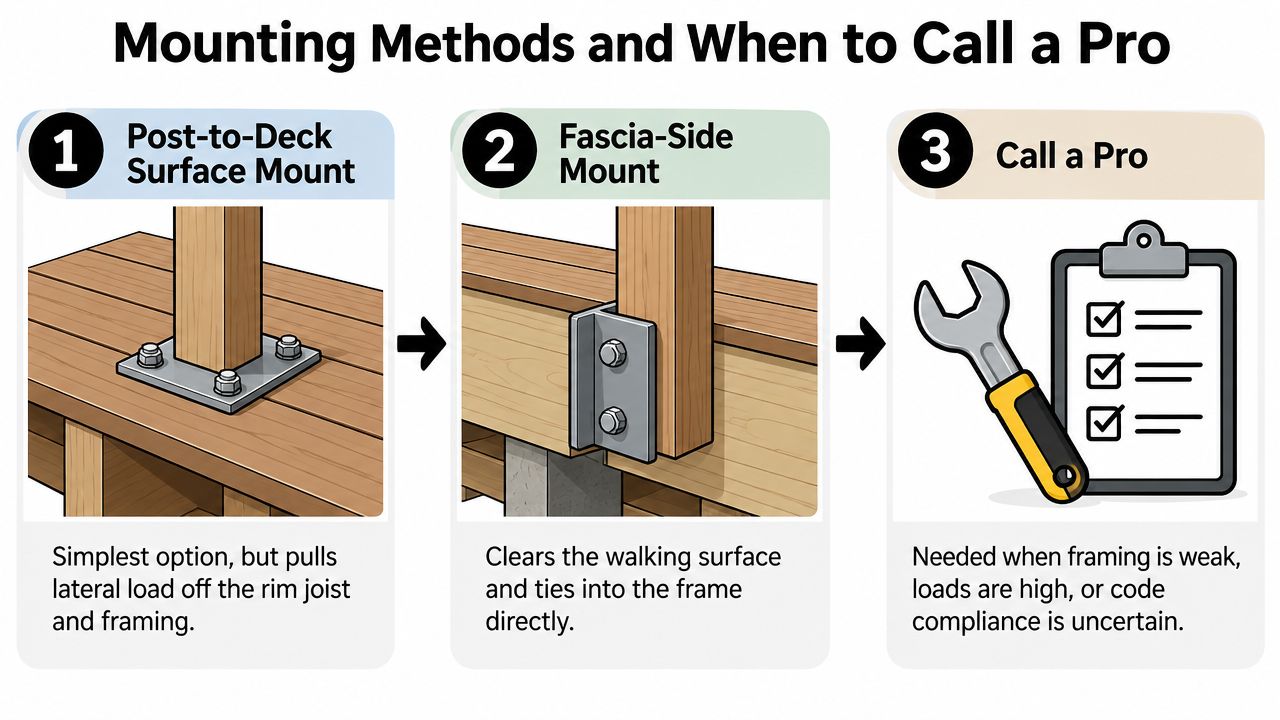 A diagram comparing deck post mounting methods, including surface mounts, fascia mounts, and professional installation requirements.
