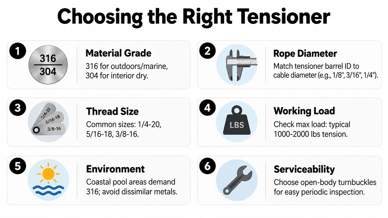 A helpful infographic showing six key factors to consider when choosing the right stainless steel cable tensioners.