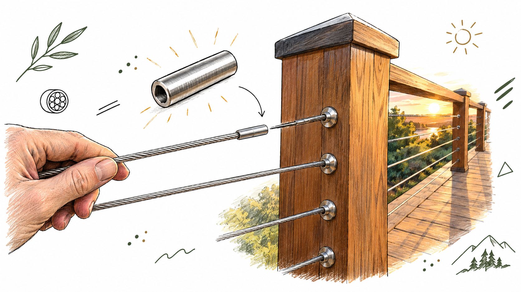 A hand holding a cable railing tool with a stainless steel cable being inserted into a wooden post.