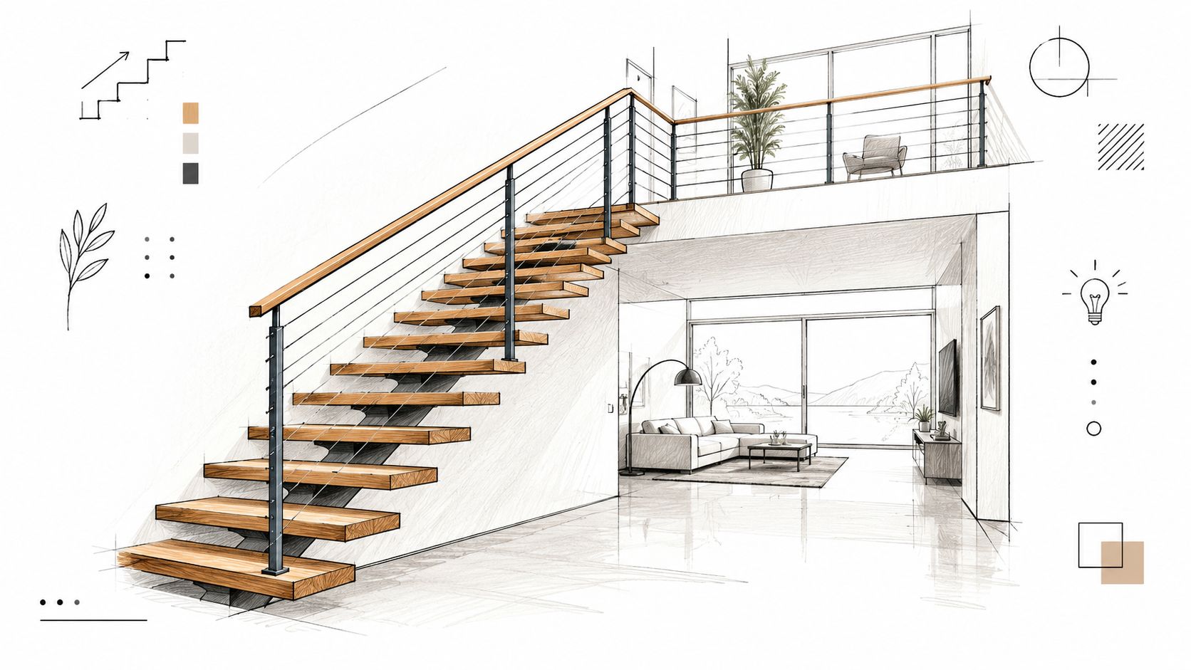 A pencil sketch of a modern interior featuring a wooden staircase leading to a loft balcony.