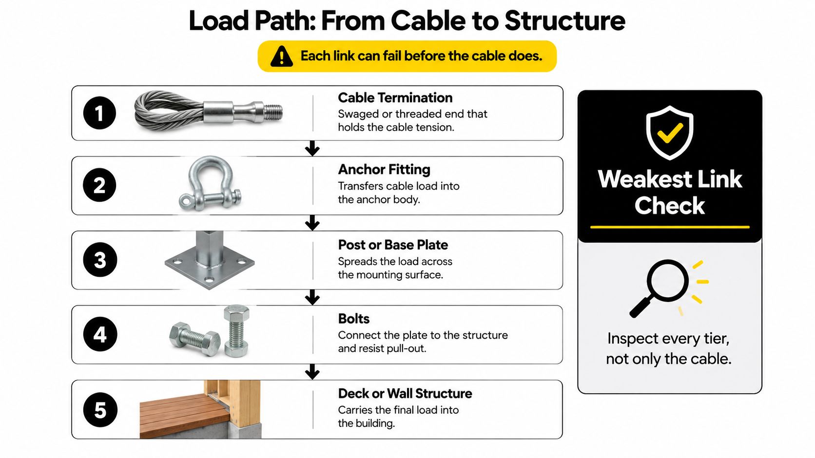 A diagram illustrating the load path from a cable termination down to the building deck structure.