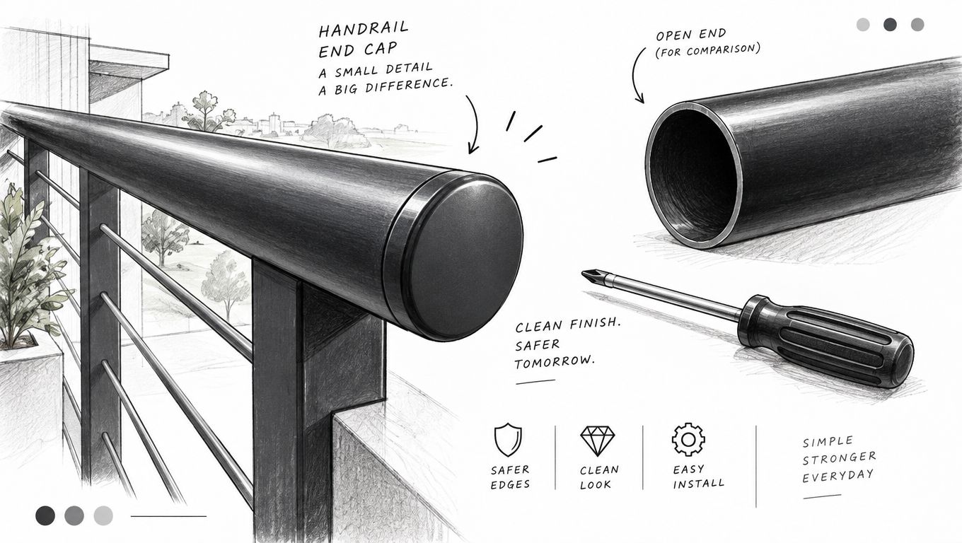 A detailed illustration showing a black handrail end cap installed on a railing compared to an open tube.