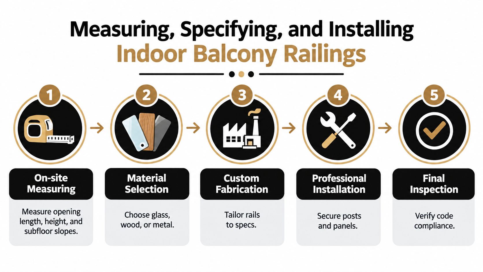 A five-step infographic showing the process for measuring, selecting materials, fabricating, installing, and inspecting indoor balcony railings.