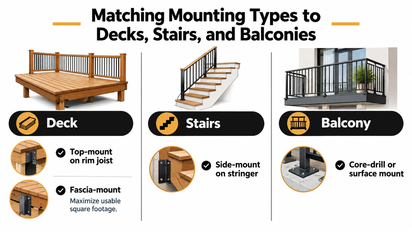 An infographic illustrating various railing mounting types for decks, stairs, and balconies with labeled examples.