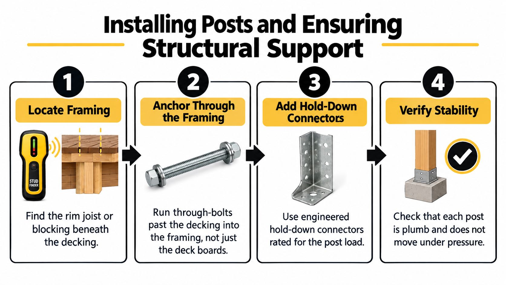 An infographic illustrating four essential steps for installing deck posts and ensuring proper structural support.