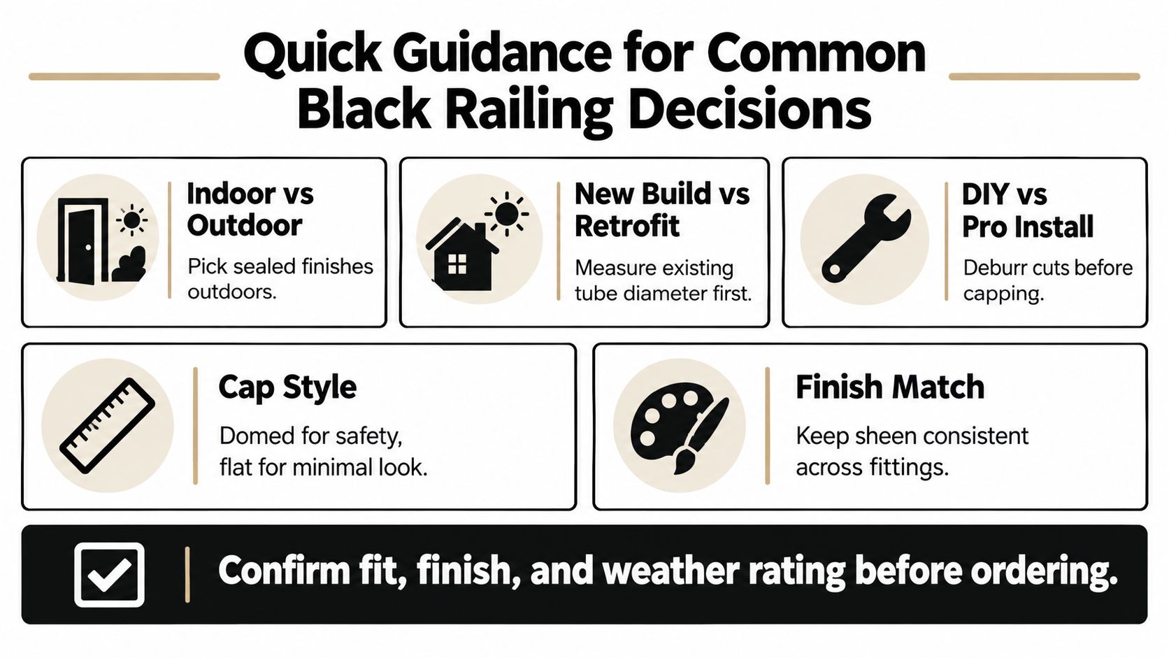 A helpful infographic showing quick tips for choosing and installing black railing components for home projects.