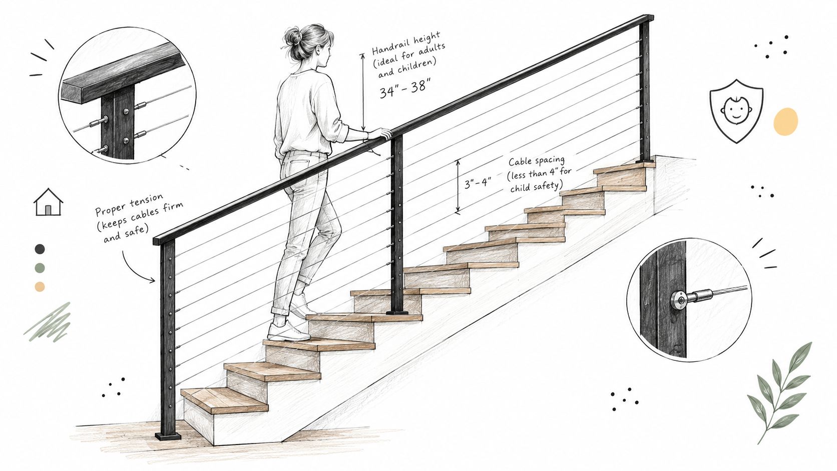 A diagram illustrating the installation of a cable railing system on a staircase for home safety.