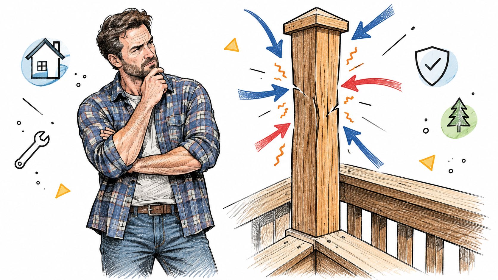 A man in a plaid shirt looking thoughtfully at a damaged wooden deck railing corner post.