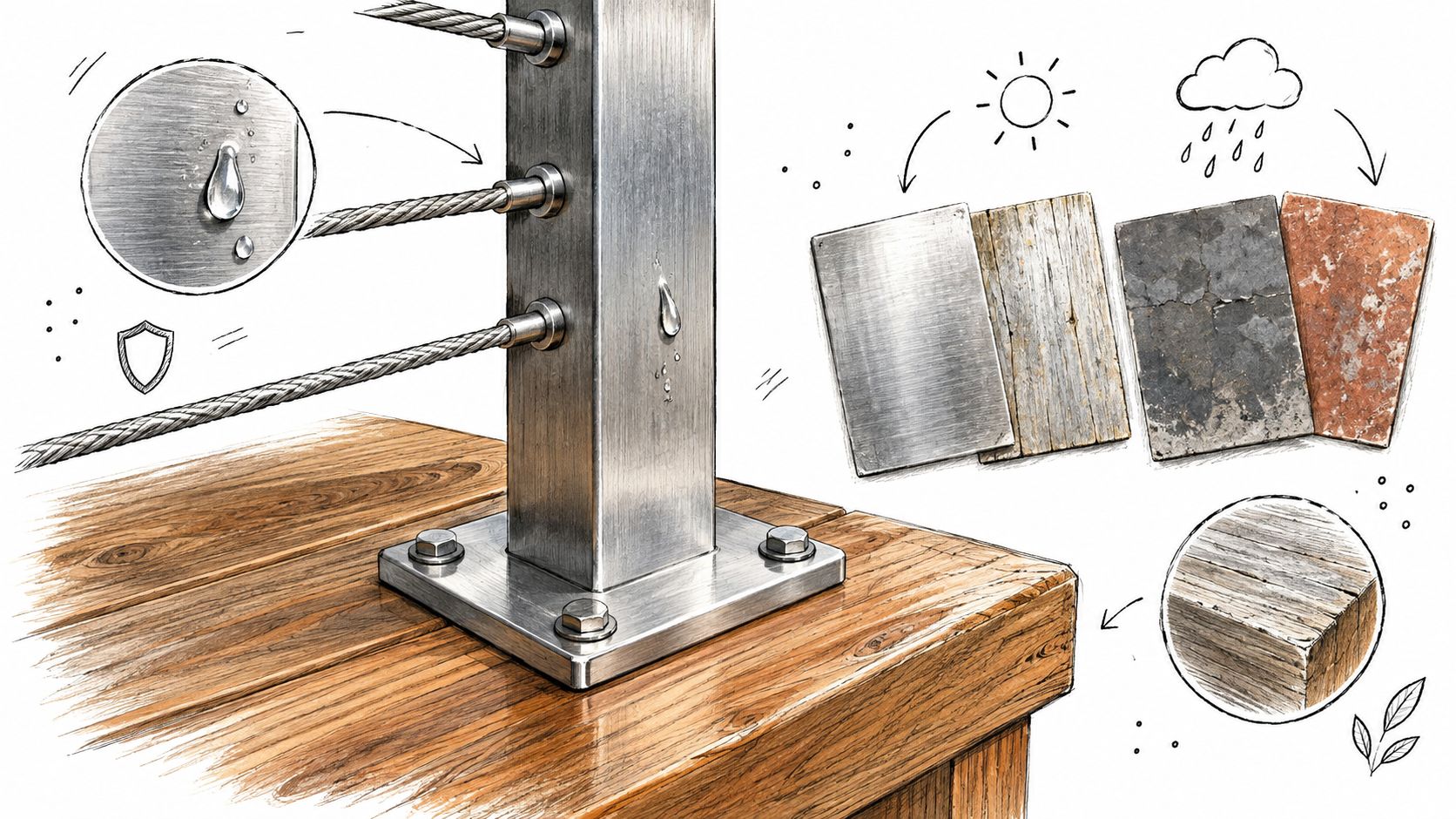 A detailed illustration of a stainless steel railing post with cable wire attachments on a wooden deck.
