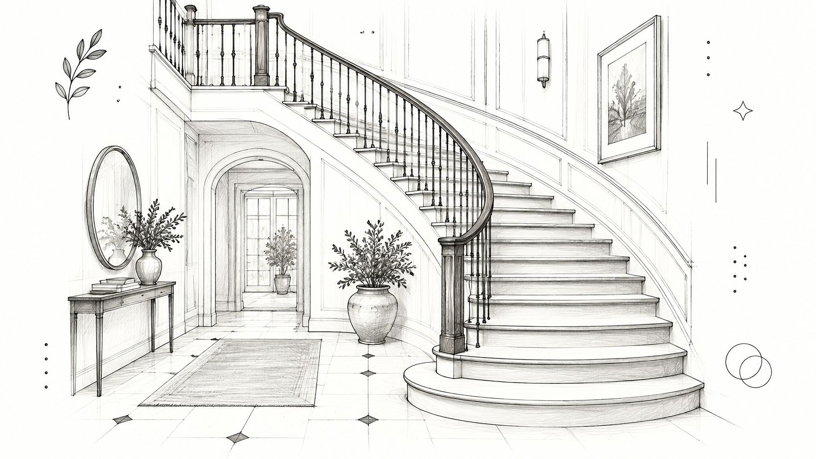 A sophisticated pencil sketch of a grand foyer featuring a curved staircase, a console table, and decor.