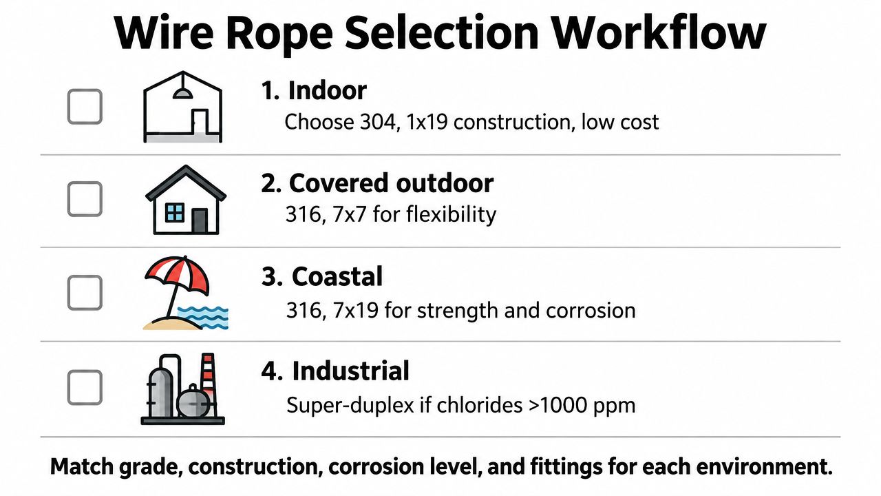 A guide for selecting stainless steel wire rope based on indoor, outdoor, coastal, and industrial environments.