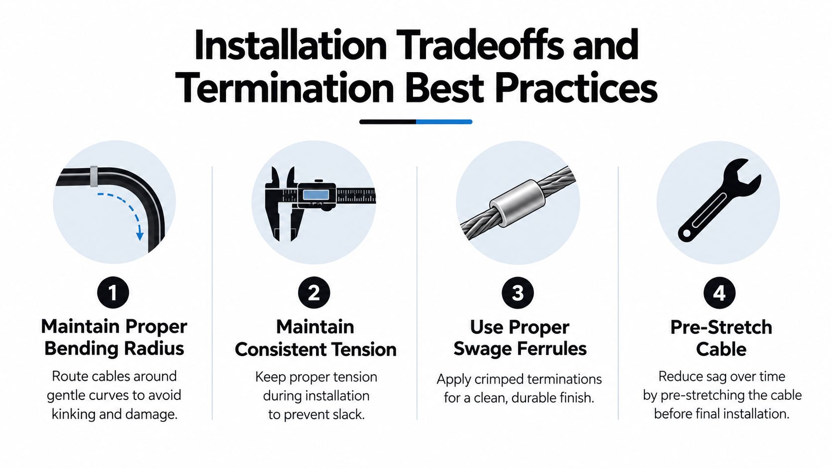 An infographic detailing four best practices for installing and terminating 1x19 stainless steel cable systems.